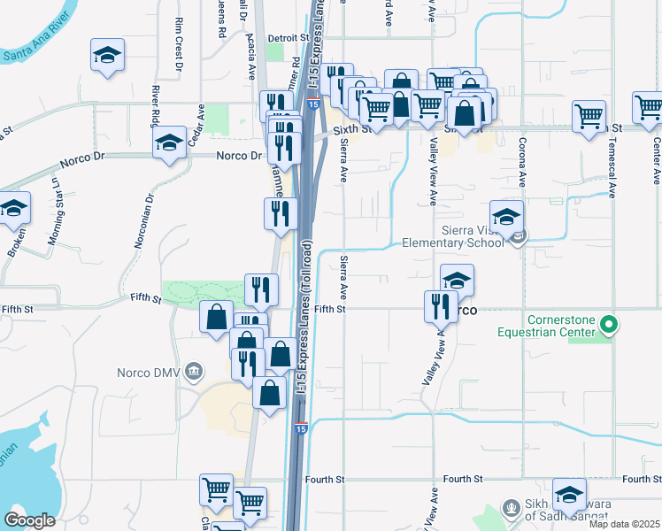 map of restaurants, bars, coffee shops, grocery stores, and more near 3520 Sierra Avenue in Norco