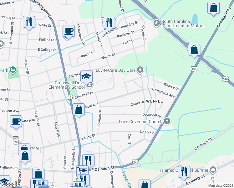 map of restaurants, bars, coffee shops, grocery stores, and more near 437 E Charlotte Ave in Sumter
