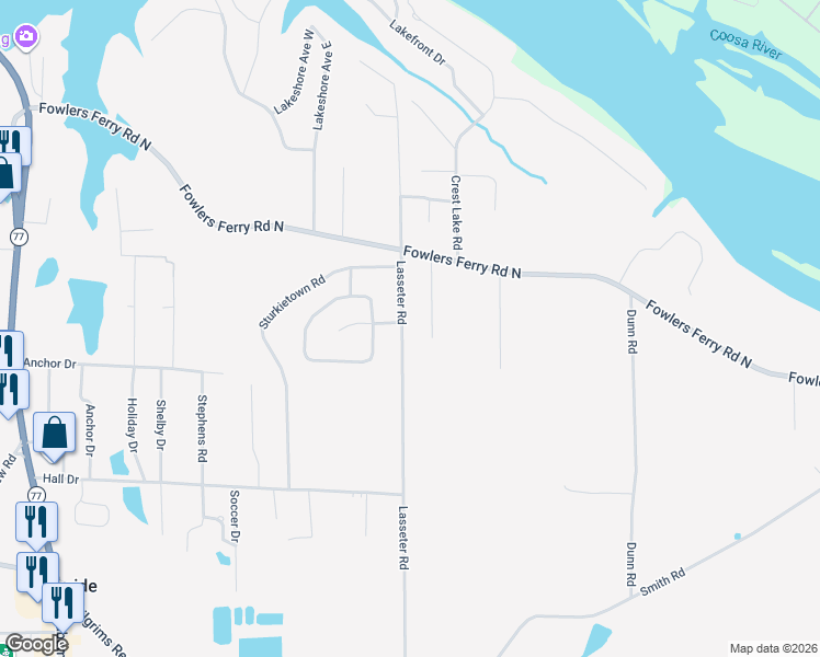 map of restaurants, bars, coffee shops, grocery stores, and more near 1363 Lasseter Road in Gadsden