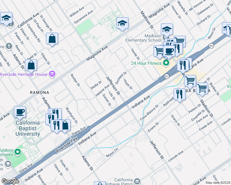 map of restaurants, bars, coffee shops, grocery stores, and more near 3536 Jefferson Street in Riverside