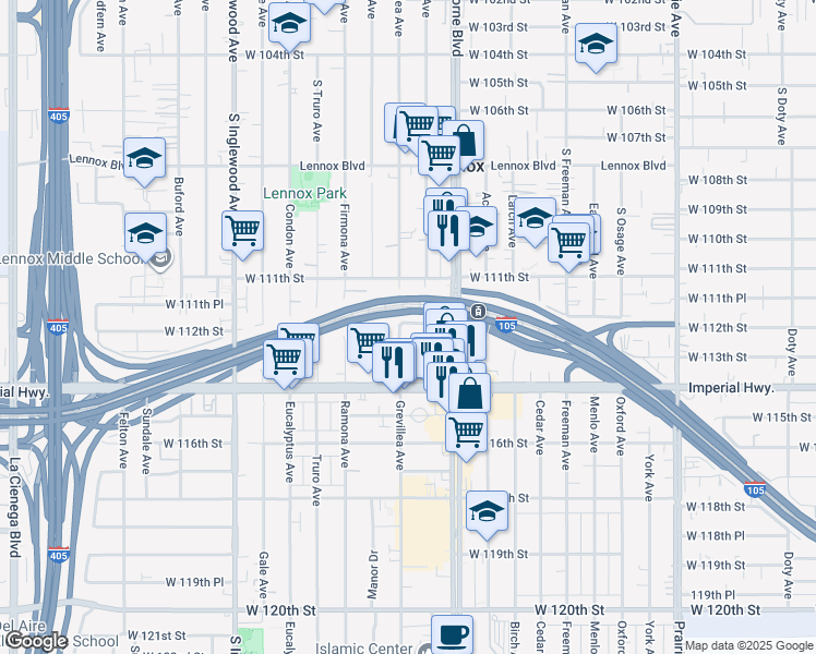 map of restaurants, bars, coffee shops, grocery stores, and more near 11156 South Grevillea Avenue in Inglewood