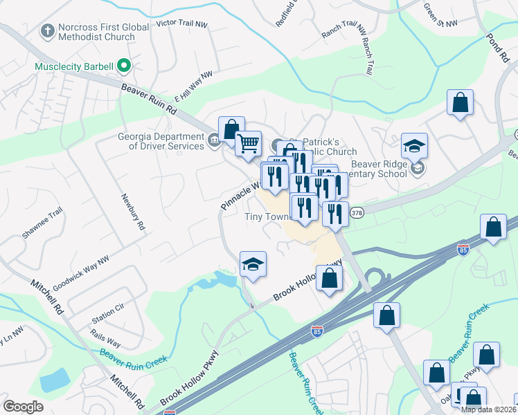 map of restaurants, bars, coffee shops, grocery stores, and more near 2078 Pinnacle Pointe Drive in Norcross