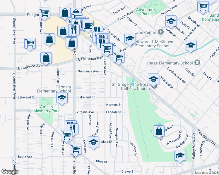 map of restaurants, bars, coffee shops, grocery stores, and more near 10913 Alclad Avenue in Whittier