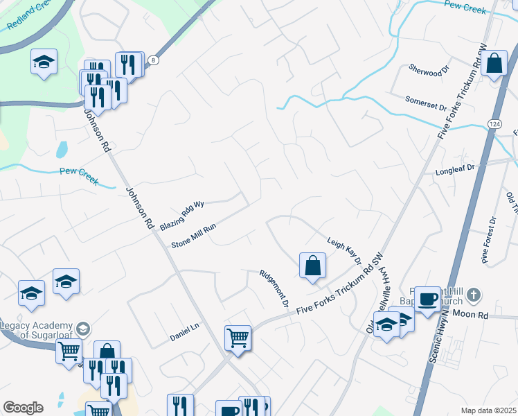 map of restaurants, bars, coffee shops, grocery stores, and more near 279 Mill Ridge Court in Lawrenceville
