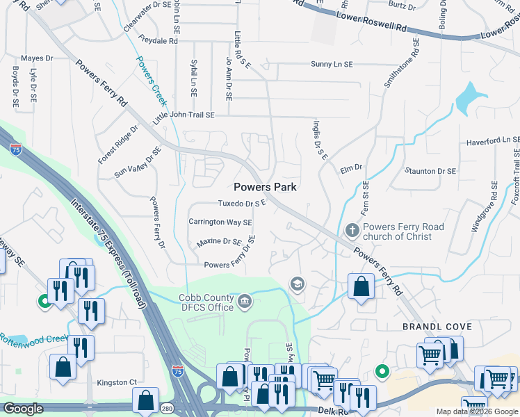 map of restaurants, bars, coffee shops, grocery stores, and more near 2484 Powers Ferry Drive Southeast in Marietta