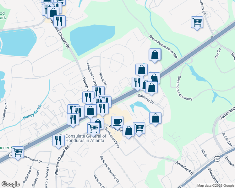 map of restaurants, bars, coffee shops, grocery stores, and more near 7070 Murphy Joy Lane NW in Norcross