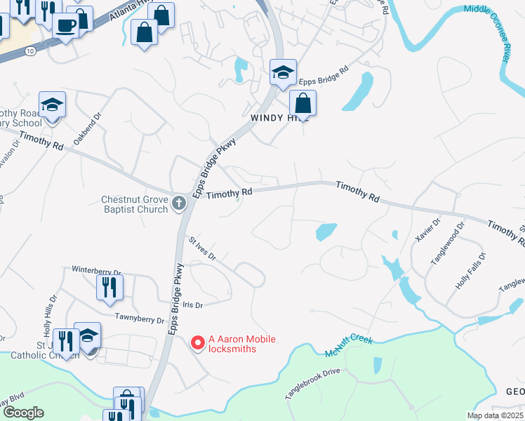 map of restaurants, bars, coffee shops, grocery stores, and more near 385 Pinewood Circle in Athens