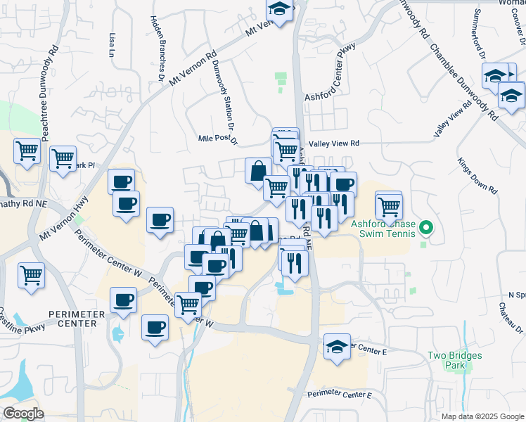 map of restaurants, bars, coffee shops, grocery stores, and more near 900 Ashwood Parkway in Atlanta