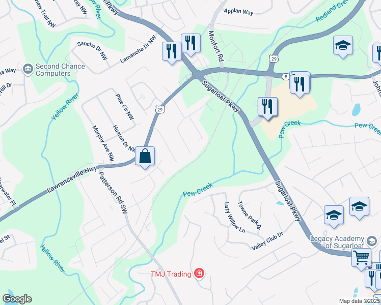map of restaurants, bars, coffee shops, grocery stores, and more near 1745 Cannonball Court Northwest in Lawrenceville
