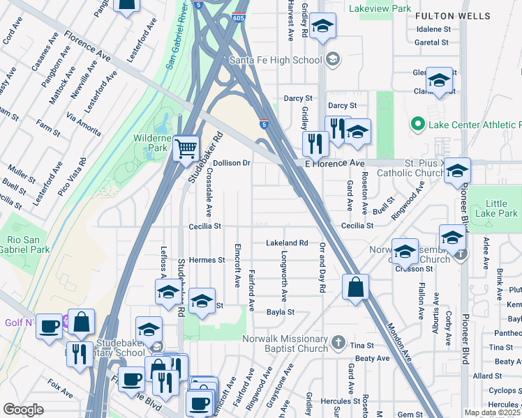 map of restaurants, bars, coffee shops, grocery stores, and more near 11213 Buell Street in Downey