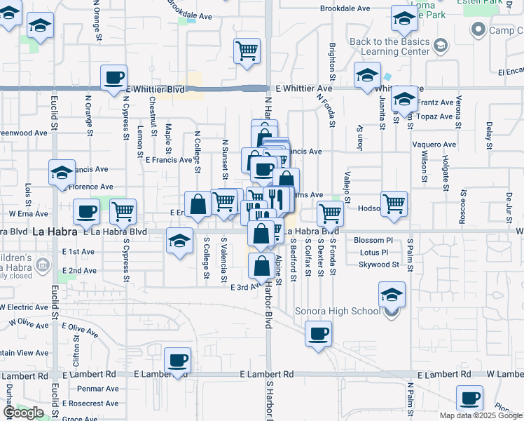 map of restaurants, bars, coffee shops, grocery stores, and more near 201 North Harbor Boulevard in La Habra