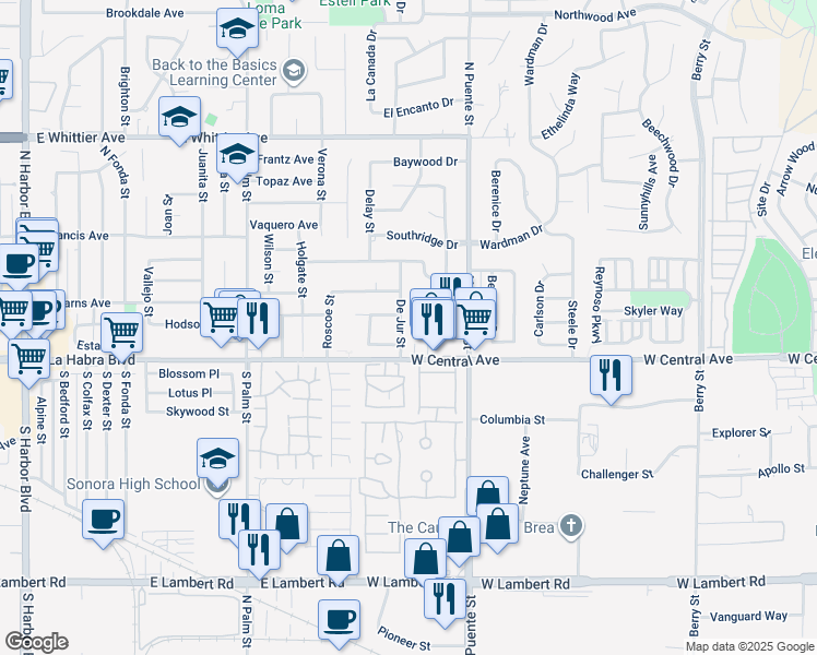 map of restaurants, bars, coffee shops, grocery stores, and more near 826 De Jur Street in Brea