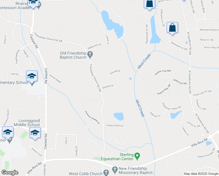 map of restaurants, bars, coffee shops, grocery stores, and more near 3523 Wellsley Drive in Powder Springs