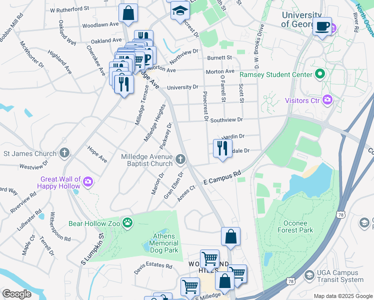 map of restaurants, bars, coffee shops, grocery stores, and more near 1675 South Milledge Avenue in Athens