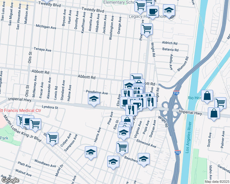 map of restaurants, bars, coffee shops, grocery stores, and more near 4257 Pendleton Avenue in Lynwood