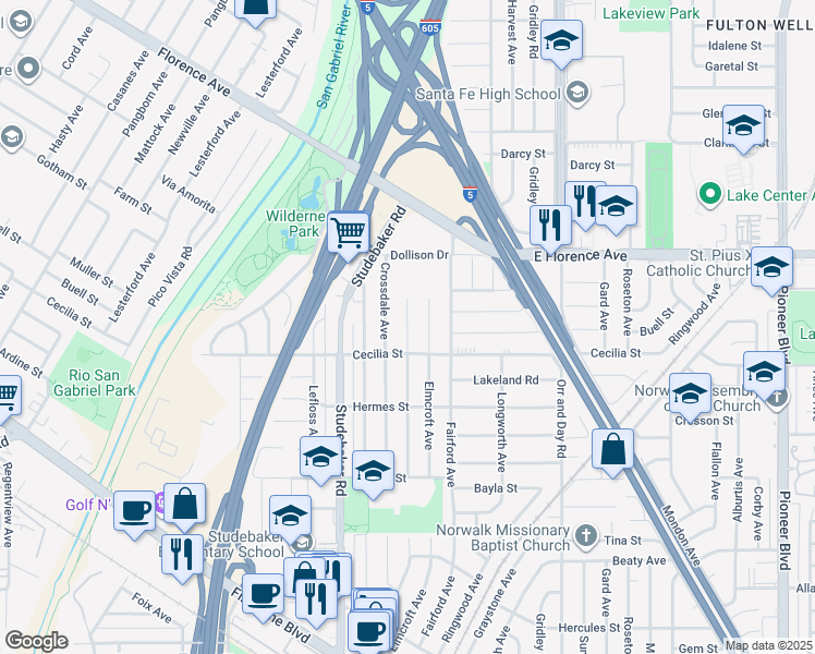 map of restaurants, bars, coffee shops, grocery stores, and more near 10924 Dalwood Avenue in Downey