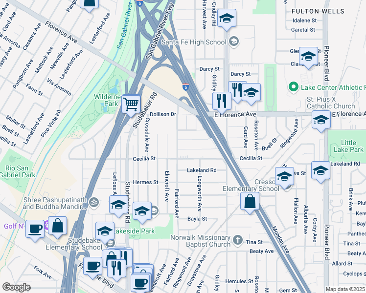 map of restaurants, bars, coffee shops, grocery stores, and more near 11213 Buell Street in Downey