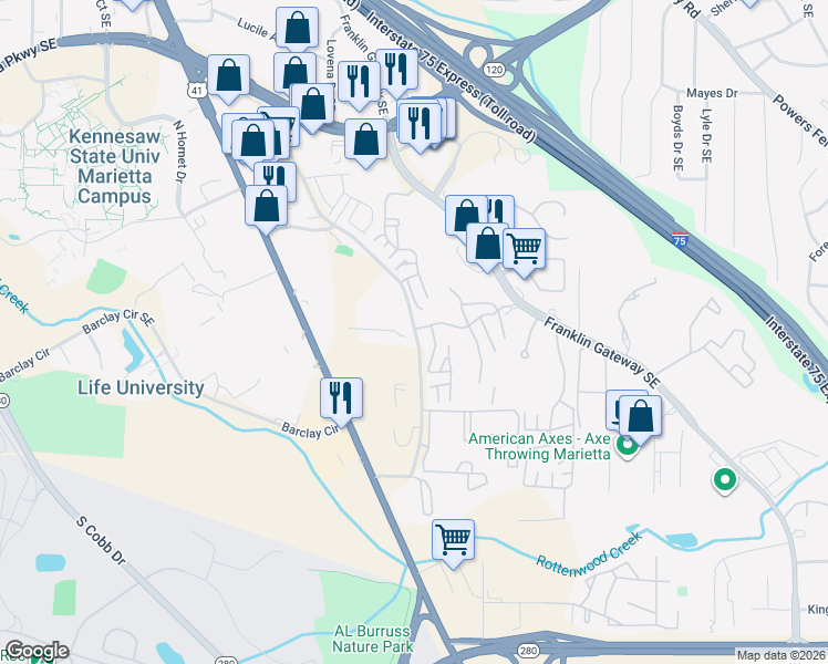 map of restaurants, bars, coffee shops, grocery stores, and more near 800 Wylie Road in Marietta