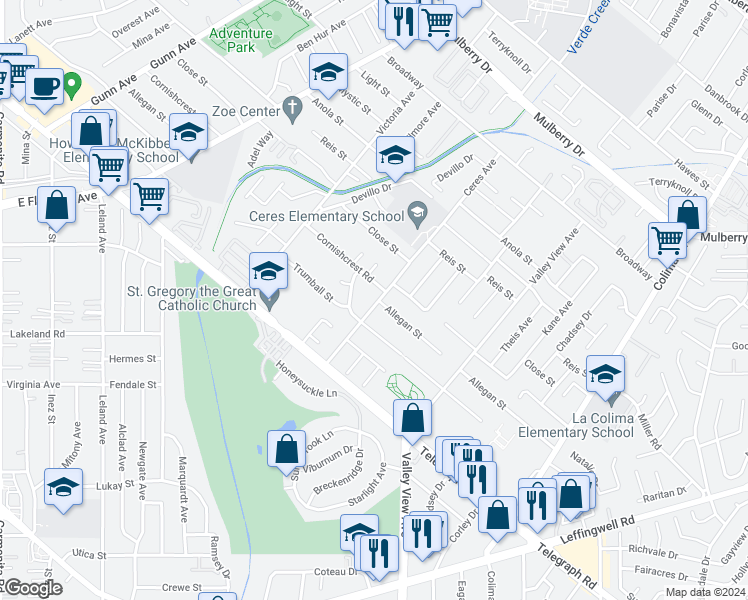 map of restaurants, bars, coffee shops, grocery stores, and more near 10751 Ceres Avenue in Whittier