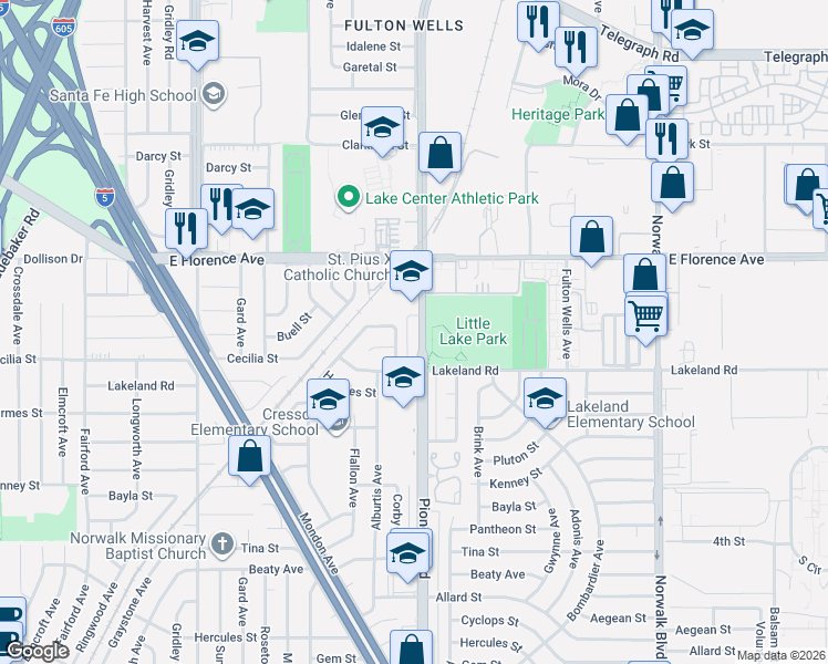 map of restaurants, bars, coffee shops, grocery stores, and more near 10919 Pioneer Boulevard in Santa Fe Springs