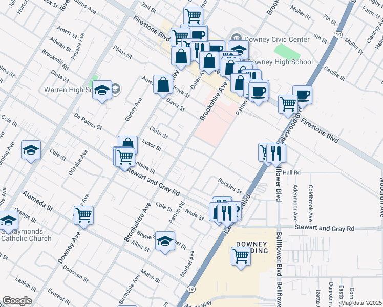 map of restaurants, bars, coffee shops, grocery stores, and more near 8518 Cleta Street in Downey
