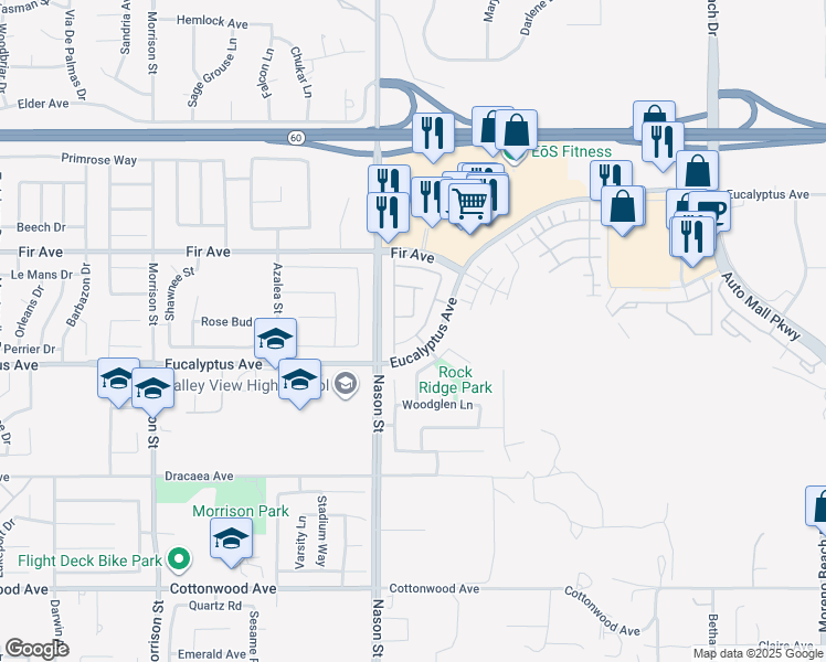 map of restaurants, bars, coffee shops, grocery stores, and more near 12947 Cobblestone Lane in Moreno Valley