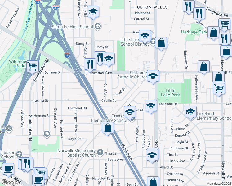 map of restaurants, bars, coffee shops, grocery stores, and more near 11513 Buell Street in Santa Fe Springs