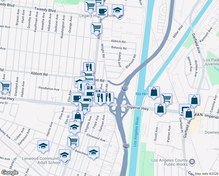 map of restaurants, bars, coffee shops, grocery stores, and more near 10722 Wright Rd in South Gate