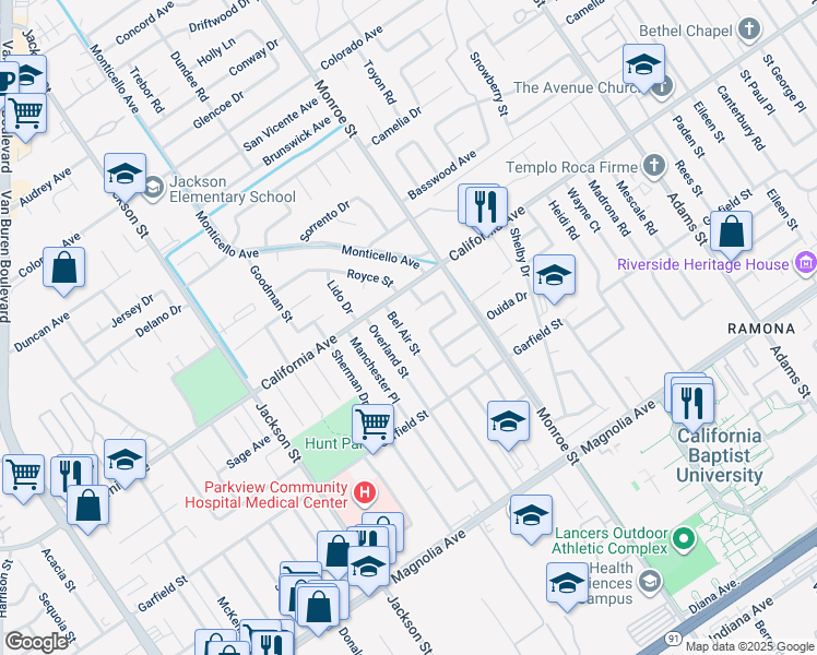 map of restaurants, bars, coffee shops, grocery stores, and more near 4145 Bel Air Street in Riverside