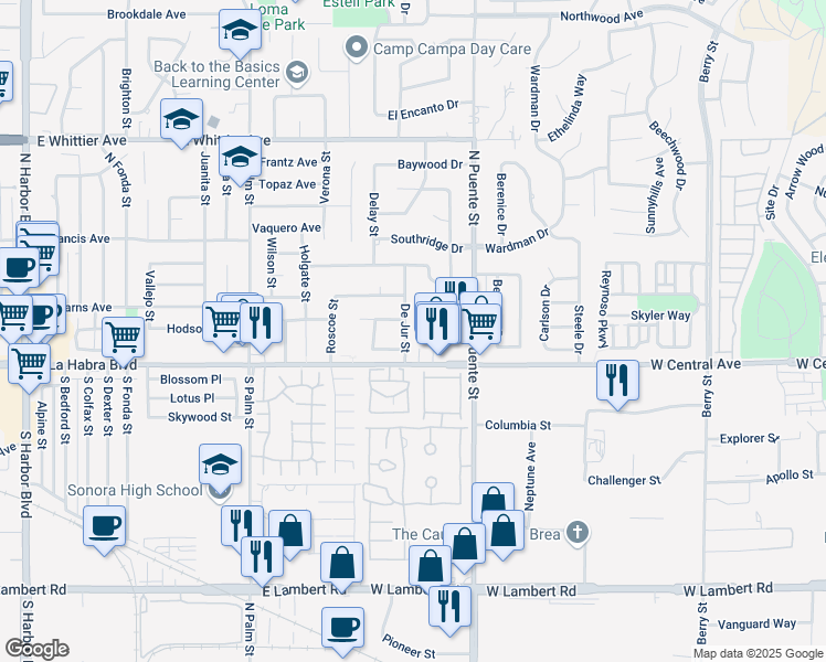 map of restaurants, bars, coffee shops, grocery stores, and more near 826 De Jur Street in Brea