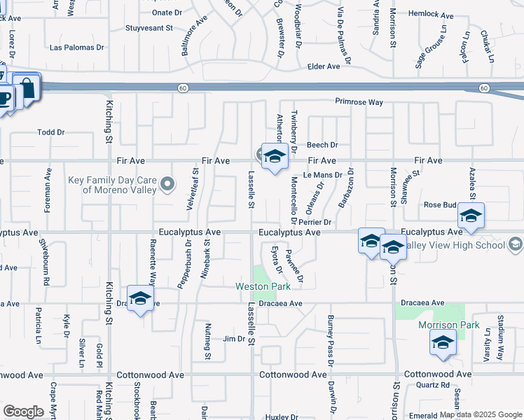 map of restaurants, bars, coffee shops, grocery stores, and more near 12931 Bernard Court in Moreno Valley