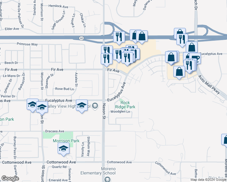 map of restaurants, bars, coffee shops, grocery stores, and more near 12947 Cobblestone Lane in Moreno Valley