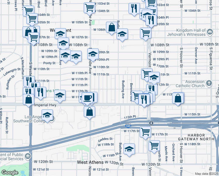 map of restaurants, bars, coffee shops, grocery stores, and more near 11158 Raymond Avenue in Los Angeles