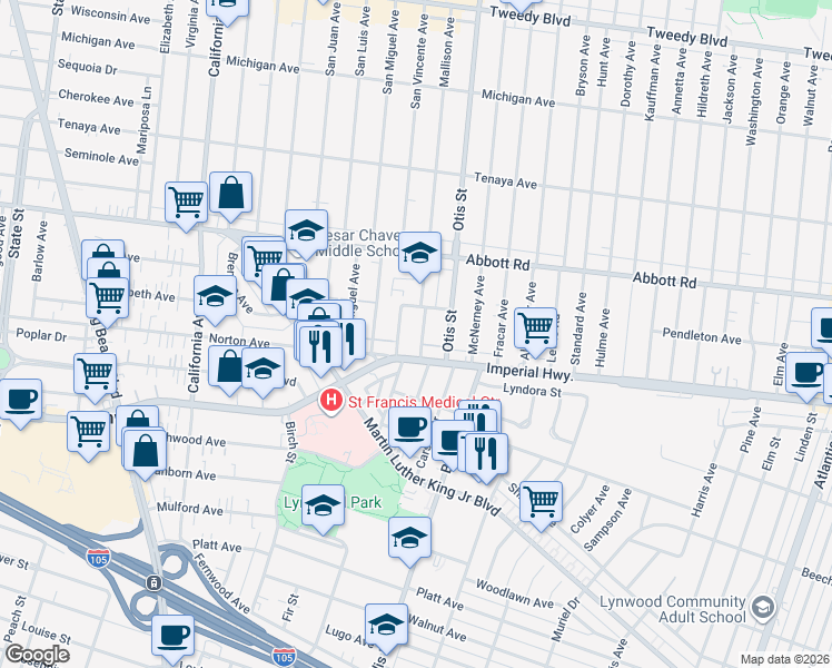 map of restaurants, bars, coffee shops, grocery stores, and more near 10931 Mallison Avenue in Lynwood