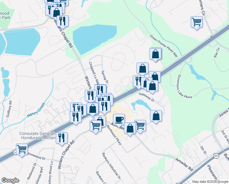 map of restaurants, bars, coffee shops, grocery stores, and more near 3381 Marla Boulevard Northwest in Peachtree Corners