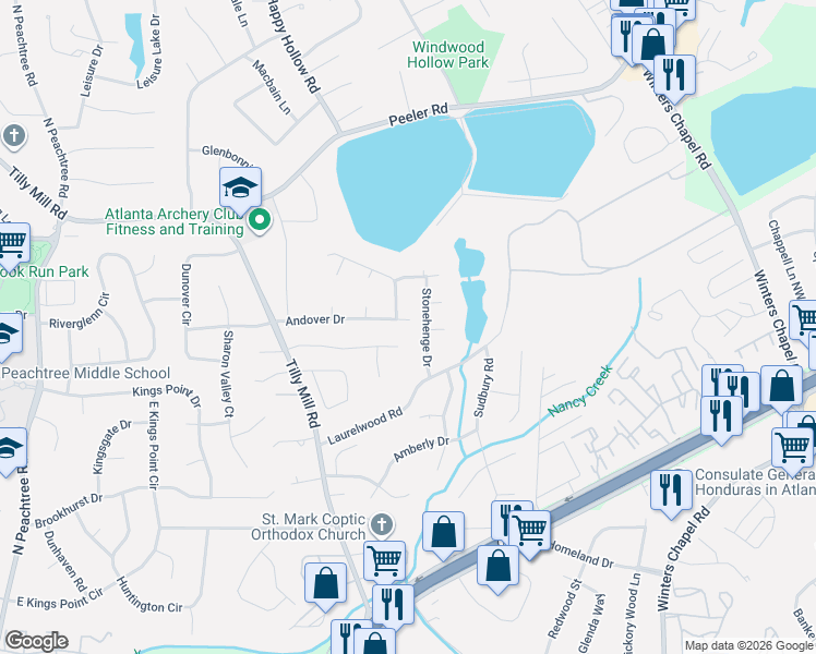 map of restaurants, bars, coffee shops, grocery stores, and more near 2611 Andover Drive in Doraville