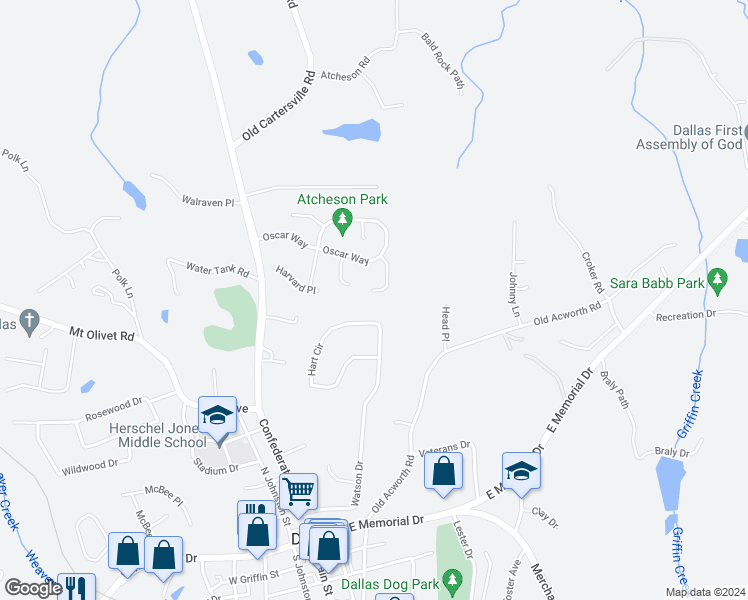 map of restaurants, bars, coffee shops, grocery stores, and more near 119 Haeven Trail in Dallas