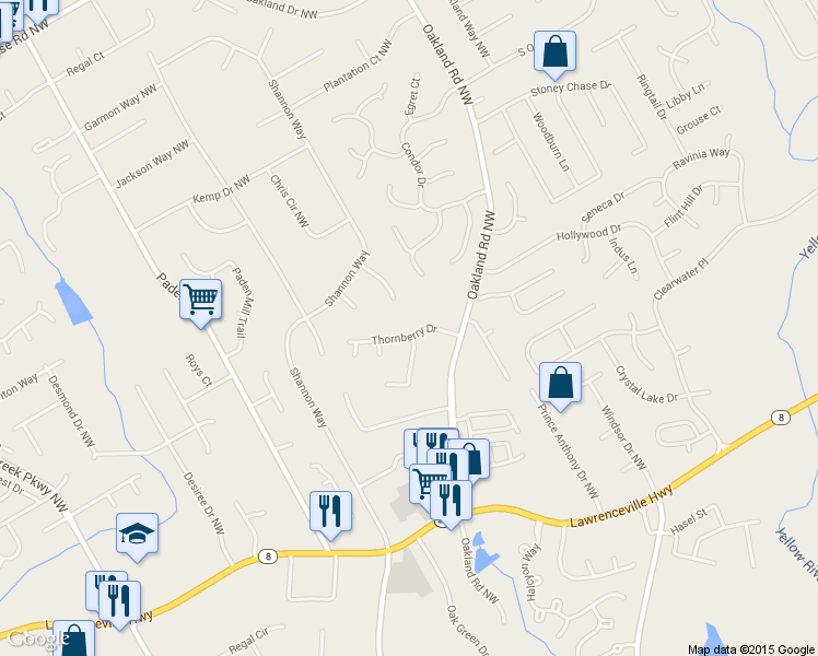 map of restaurants, bars, coffee shops, grocery stores, and more near 2325 Thornberry Dr in Lawrenceville
