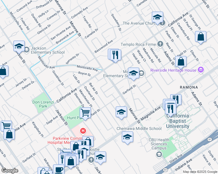 map of restaurants, bars, coffee shops, grocery stores, and more near 8721 Ouida Drive in Riverside