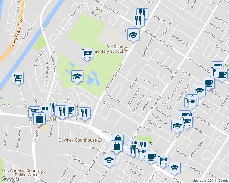 map of restaurants, bars, coffee shops, grocery stores, and more near 12320 Norlain Avenue in Downey