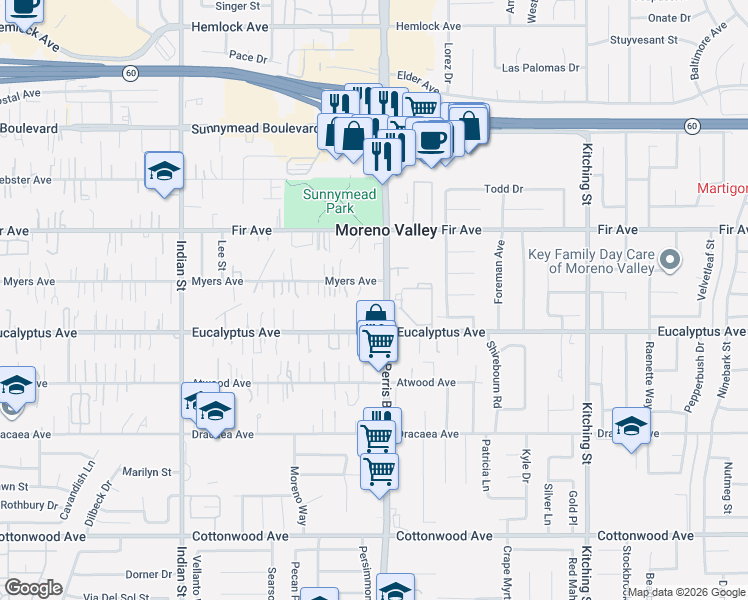map of restaurants, bars, coffee shops, grocery stores, and more near 12865 Perris Boulevard in Moreno Valley