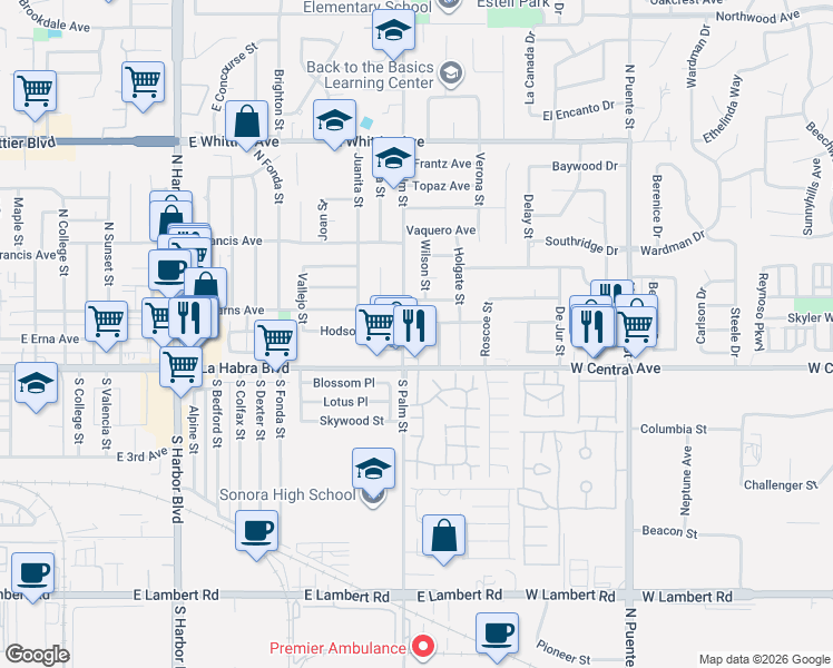 map of restaurants, bars, coffee shops, grocery stores, and more near 150 North Palm Street in La Habra