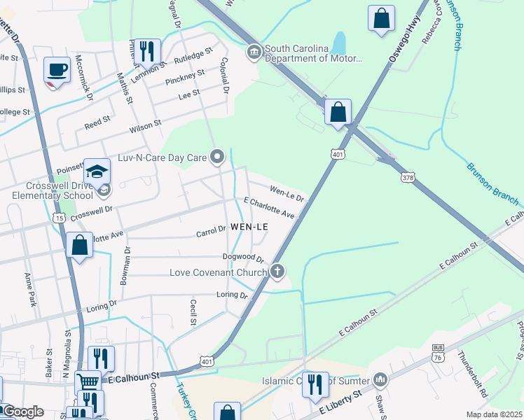 map of restaurants, bars, coffee shops, grocery stores, and more near 712 East Charlotte Avenue in Sumter