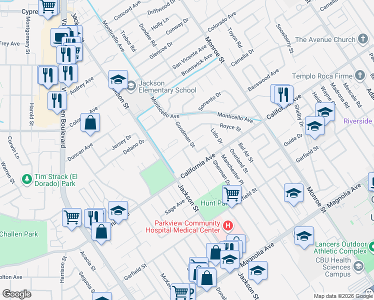 map of restaurants, bars, coffee shops, grocery stores, and more near 4273 Wheeler Street in Riverside