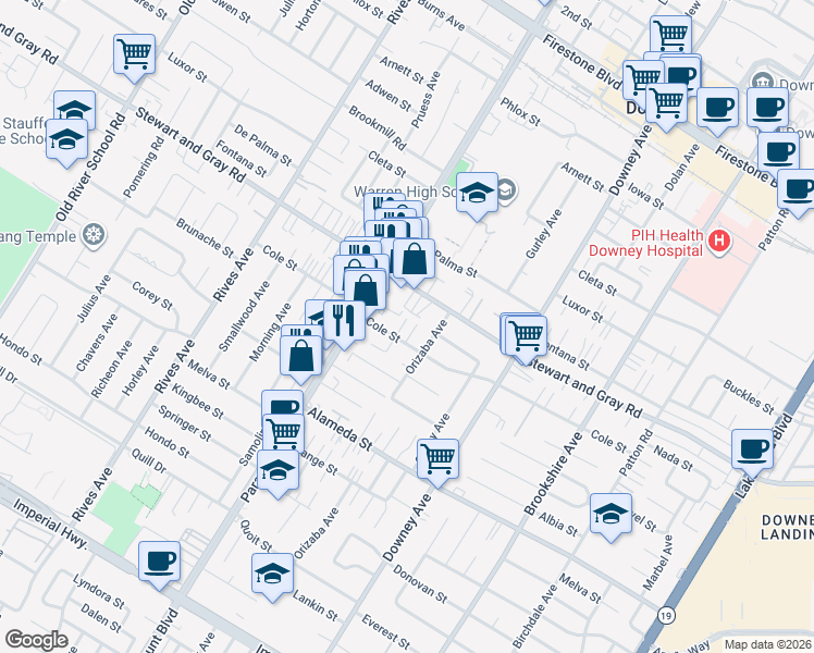 map of restaurants, bars, coffee shops, grocery stores, and more near in Downey