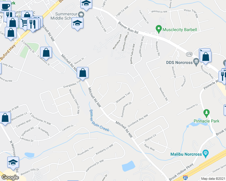 map of restaurants, bars, coffee shops, grocery stores, and more near 5565 Westberry Lane in Norcross