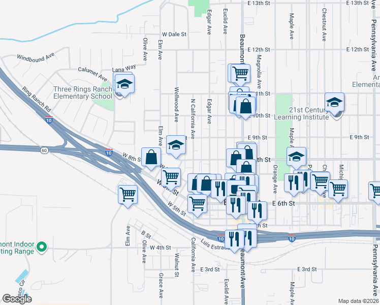 map of restaurants, bars, coffee shops, grocery stores, and more near 827 North California Avenue in Beaumont
