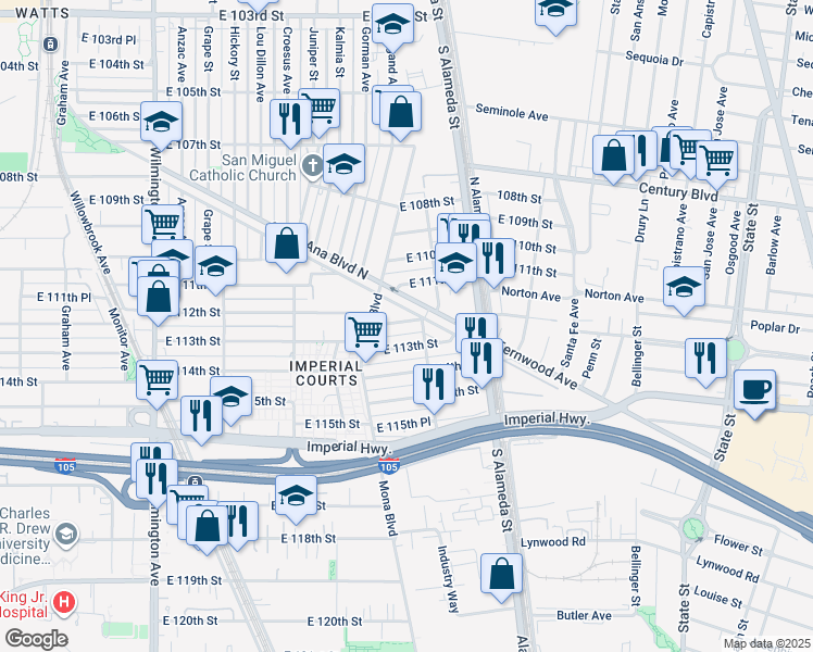 map of restaurants, bars, coffee shops, grocery stores, and more near 2432 East 112th Place in Los Angeles