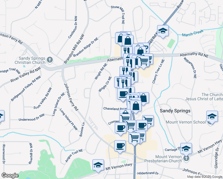 map of restaurants, bars, coffee shops, grocery stores, and more near 6505 Whispering Ln NE in Atlanta