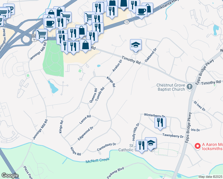 map of restaurants, bars, coffee shops, grocery stores, and more near 785 Kings Road in Athens